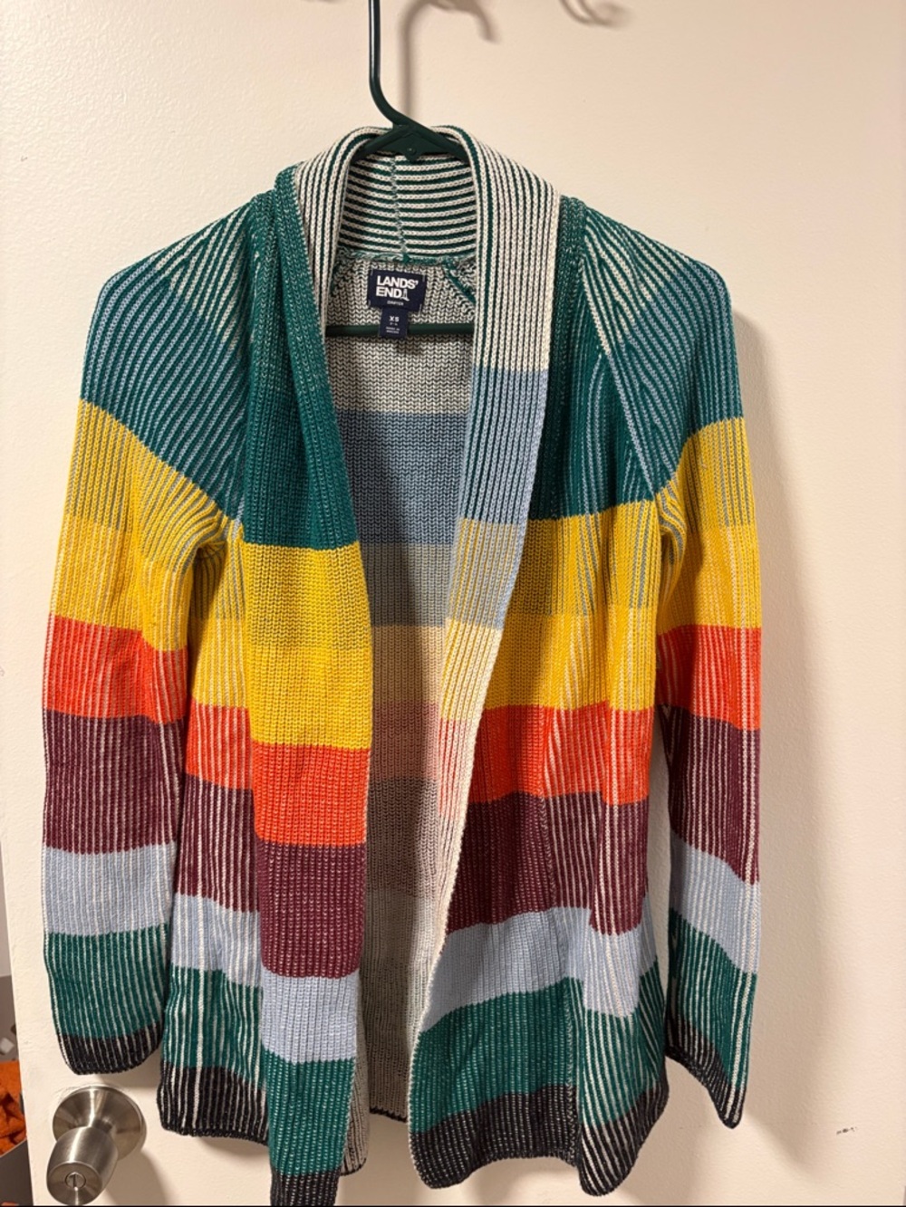 Lands' End Teal, Yellow, Red & Burgundy Striped Open Cardigan